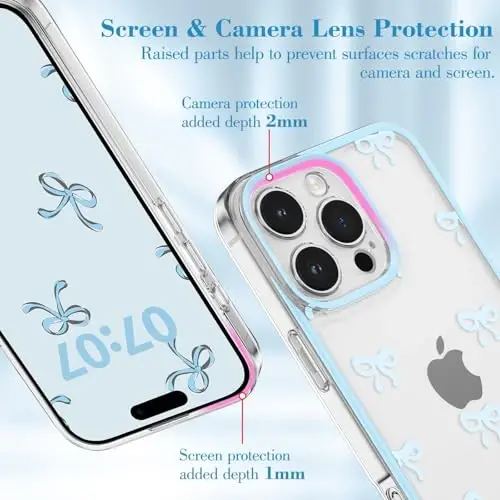 EYZUTAK iPhone 16 Pro Max uchun g‘ilof, shaffof chiroyli lenta kamon naqshli estetik shaffof telefon g‘ilofi ko‘tarilgan kamera himoyasi zamonaviy ingichka yumshoq bardoshli TPU himoya qopqog‘i ayollar qizlar uchun - Moviy - 2