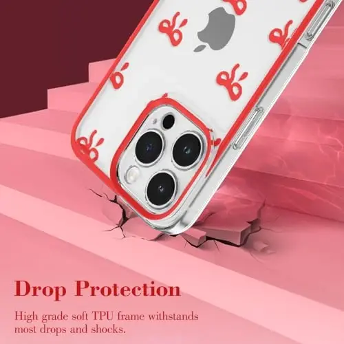 EYZUTAK iPhone 16 Pro Max uchun g‘ilof, shaffof yoqimli lenta kamon naqshli estetik telefon g‘ilofi ko‘tarilgan kamera himoyasi zamonaviy ingichka yumshoq bardoshli TPU himoya qopqog‘i ayollar qizlar uchun - Qizil - 3