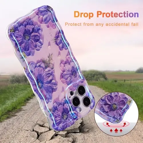 EYZUTAK iPhone 16 Pro uchun g'ilof, Rangli Retro Moyli Bo'yoqli Bosma Gul Lazer Yorqin Naqshli Chiroyli Jingalak To'lqin Qirrasi Nafis Telefon Qopqog'i Zamonaviy Bardoshli TPU Himoya G'ilofi Qizlar Ayollar uchun - Binafsha - 3