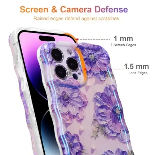 EYZUTAK iPhone 16 Pro uchun g'ilof, Rangli Retro Moyli Bo'yoqli Bosma Gul Lazer Yorqin Naqshli Chiroyli Jingalak To'lqin Qirrasi Nafis Telefon Qopqog'i Zamonaviy Bardoshli TPU Himoya G'ilofi Qizlar Ayollar uchun - Binafsha - 4