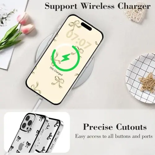 EYZUTAK iPhone 16 Pro uchun g'ilof, tiniq yoqimli lenta kamonchasi naqshli estetik shaffof telefon g'ilofi ko'tarilgan kamera himoyasi zamonaviy nozik yumshoq chidamli TPU himoya qopqog'i ayollar qizlar uchun - qora - 5