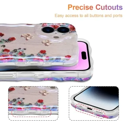 EYZUTAK iPhone 16 uchun g'ilof, Rangli Retro Moyli Bo'yoqli Bosma Gul Lazerli Yaltiroq Naqshli Chiroyli Jingalak To'lqinli Chekka Nafis Telefon Qopqog'i Zamonaviy Bardoshli TPU Himoya G'ilofi Qizlar Ayollar uchun-Bej - 5