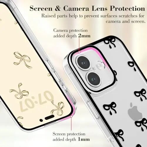 EYZUTAK iPhone 16 uchun g‘ilof, shaffof yoqimli lenta kamon naqshli estetik shaffof telefon g‘ilofi ko‘tarilgan kamera himoyasi zamonaviy ingichka yumshoq bardoshli TPU himoya qopqog‘i ayollar qizlar uchun - qora - 2