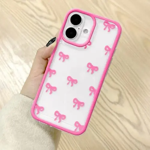 EYZUTAK iPhone 16 uchun g'ilof, tiniq yoqimli lenta kamon naqshli estetik shaffof telefon g'ilofi ko'tarilgan kamera himoyasi zamonaviy nozik yumshoq bardoshli TPU himoya qopqog'i ayollar qizlar uchun - och qizil - EYZUTAK