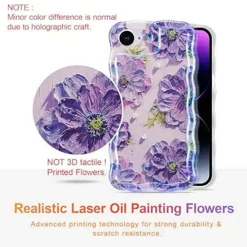 EYZUTAK iPhone 16e uchun g‘ilof, rangli retro moyli bo‘yoqli bosma gul lazerli yaltiroq naqshli yoqimli jingalak to‘lqinli qirrali nafis telefon qopqog‘i zamonaviy bardoshli TPU himoya g‘ilofi qizlar ayollar uchun - Binafsha - 2