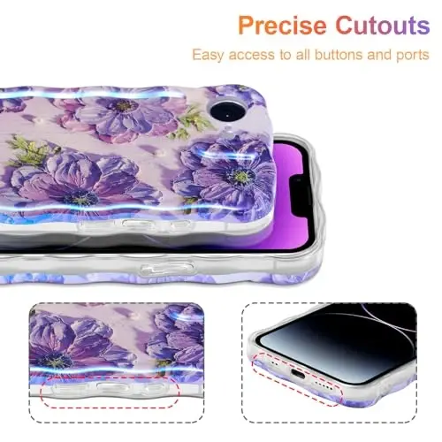 EYZUTAK iPhone 16e uchun g‘ilof, rangli retro moyli bo‘yoqli bosma gul lazerli yaltiroq naqshli yoqimli jingalak to‘lqinli qirrali nafis telefon qopqog‘i zamonaviy bardoshli TPU himoya g‘ilofi qizlar ayollar uchun - Binafsha - 5