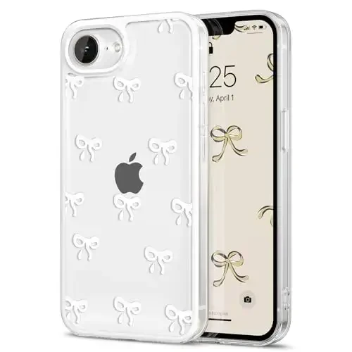 EYZUTAK iPhone 16e uchun g'ilof, shaffof chiroyli lenta kamon naqshli estetik shaffof telefon g'ilofi ko'tarilgan kamera himoyasi zamonaviy ingichka yumshoq bardoshli TPU himoya qopqog'i ayollar qizlar uchun - Oq 