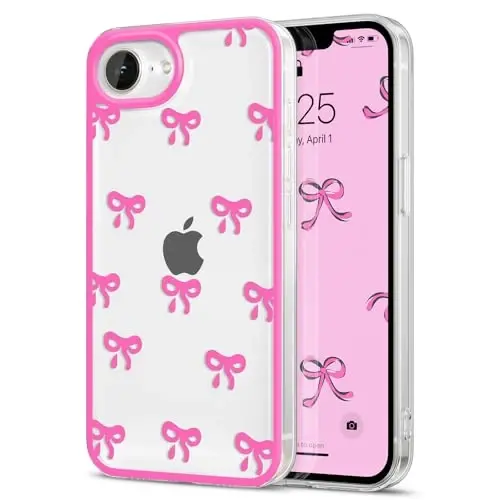 EYZUTAK iPhone 16e uchun g‘ilof, tiniq yoqimli lenta bantli estetik shaffof telefon g‘ilofi ko‘tarilgan kamera himoyasi zamonaviy ingichka yumshoq bardoshli TPU himoya qopqog‘i ayollar qizlar uchun - och qizil - EYZUTAK