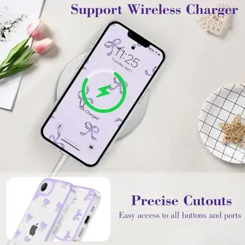 EYZUTAK iPhone 16e uchun g'ilof, tiniq yoqimli lenta kamon naqshli estetik shaffof telefon g'ilofi ko'tarilgan kamera himoyasi zamonaviy ingichka yumshoq bardoshli TPU himoya qopqog'i ayollar qizlar uchun - binafsha - 8