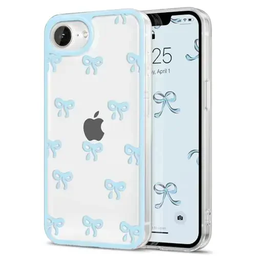 EYZUTAK iPhone 16e uchun g‘ilof, tiniq yoqimli lenta kamon naqshli estetik shaffof telefon g‘ilofi ko‘tarilgan kamera himoyasi zamonaviy ingichka yumshoq bardoshli TPU himoya qopqog‘i ayollar qizlar uchun - Moviy - 12