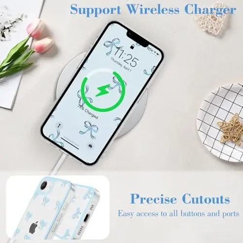 EYZUTAK iPhone 16e uchun g‘ilof, tiniq yoqimli lenta kamon naqshli estetik shaffof telefon g‘ilofi ko‘tarilgan kamera himoyasi zamonaviy ingichka yumshoq bardoshli TPU himoya qopqog‘i ayollar qizlar uchun - Moviy - 8