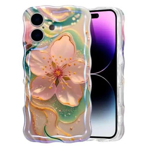 EYZUTAK iPhone 17 Kılıfı, Renkli Retro Yağlıboya Çiçek Lazer Parlak Desen Sevimli Kıvırcık Dalga Kenar Zarif Telefon Kılıfı Şık Dayanıklı TPU Koruyucu Kılıf - Sakura 