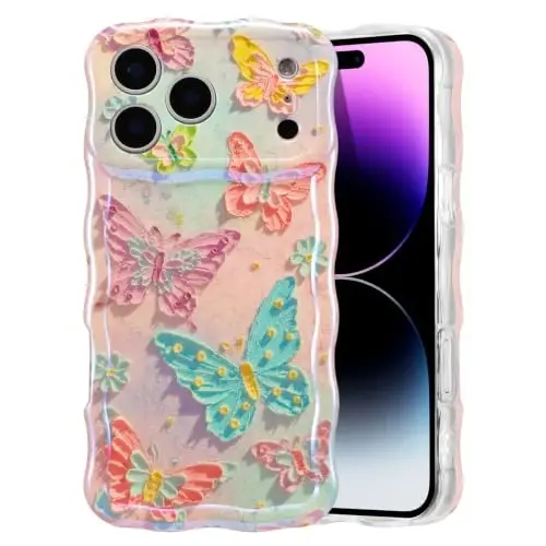 EYZUTAK iPhone 17 Pro Max uchun g‘ilof, Rangli retro moybo‘yoqli gul lazerli yaltiroq naqshli yoqimli jingalak qirrali nafis telefon g‘ilofli zamonaviy bardoshli TPU himoya g‘ilofi qizlar va ayollar uchun - Kapalaklar 