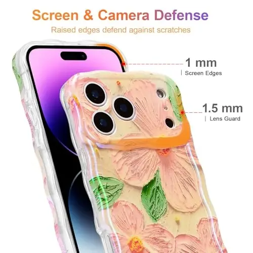 EYZUTAK iPhone 17 Pro Max uchun g'ilof, Rangli Retro Yog'li Bo'yoqli Gul Bargli Lazer Yorqin Naqshli Chiroyli Jingalak To'lqinlar Qirrasi Nafis Telefon Qopqog'i Ayollar uchun Zamonaviy Bardoshli TPU Himoya G'ilofi - Pushti Yashil - 4
