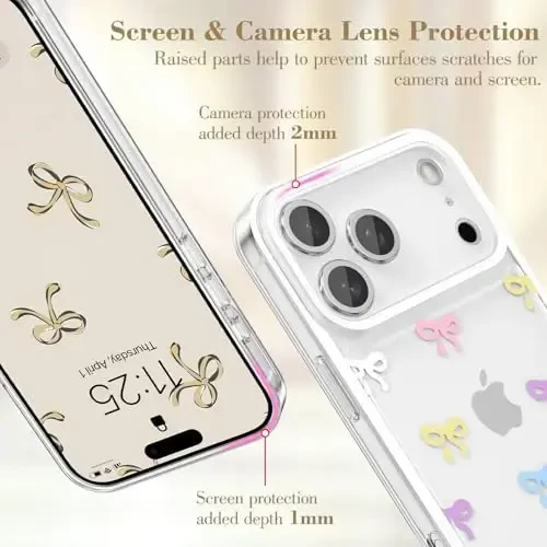 EYZUTAK iPhone 17 Pro Max uchun gʻilof, Shaffof chiroyli lenta bantli naqshli estetik shaffof telefon gʻilofi Koʻtarilgan kamera himoyasi Zamonaviy ingichka yumshoq bardoshli TPU himoya qopqogʻi ayollar qizlar uchun - Rangli - EYZUTAK (1)