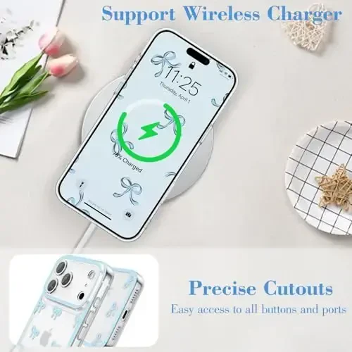 EYZUTAK iPhone 17 Pro Max uchun g'ilof, shaffof chiroyli lenta kamon naqshli estetik shaffof telefon g'ilofi ko'tarilgan kamera himoyasi zamonaviy ingichka yumshoq bardoshli TPU himoya qopqog'i ayollar qizlar uchun - Moviy - 5