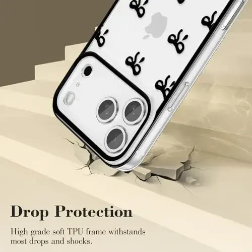 EYZUTAK iPhone 17 Pro Max uchun g‘ilof, shaffof yoqimli lenta kamon naqshli estetik shaffof telefon g‘ilofi ko‘tarilgan kamera himoyasi zamonaviy ingichka yumshoq bardoshli TPU himoya qopqog‘i ayollar qizlar uchun - qora - 3