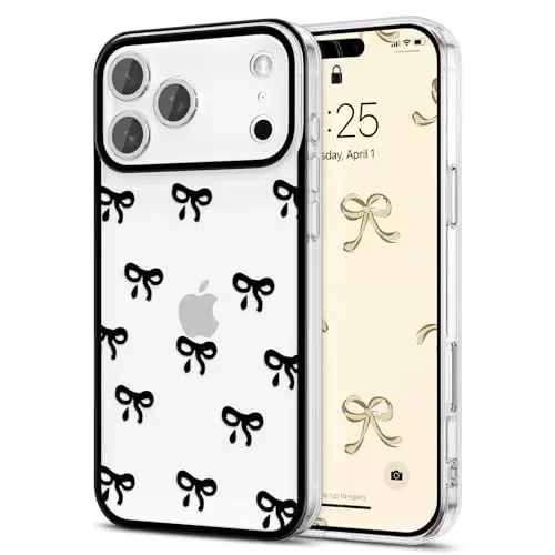 EYZUTAK iPhone 17 Pro Max uchun g‘ilof, shaffof yoqimli lenta kamon naqshli estetik shaffof telefon g‘ilofi ko‘tarilgan kamera himoyasi zamonaviy ingichka yumshoq bardoshli TPU himoya qopqog‘i ayollar qizlar uchun - qora - 1