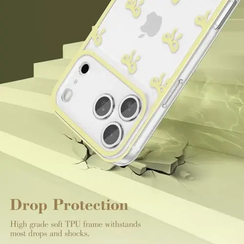 EYZUTAK iPhone 17 Pro Max uchun g‘ilof, shaffof yoqimli lenta kamon naqshli estetik shaffof telefon g‘ilofi ko‘tarilgan kamera himoyasi zamonaviy ingichka yumshoq bardoshli TPU himoya qopqog‘i ayollar qizlar uchun - Sariq - 11
