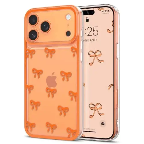 EYZUTAK iPhone 17 Pro Max uchun g‘ilof, Shaffof Yoqimli Lentalar Naqshli Estetik Shaffof Telefon G‘ilofchisi Ko‘tarilgan Kamera Himoyasi Zamonaviy Yupqa Yumshoq Bardoshli TPU Himoya Qopqog‘i Ayollar Qizlar uchun - Apelsin 