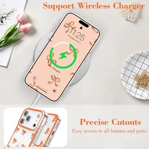 EYZUTAK iPhone 17 Pro Max uchun g‘ilof, Shaffof Yoqimli Lentalar Naqshli Estetik Shaffof Telefon G‘ilofchisi Ko‘tarilgan Kamera Himoyasi Zamonaviy Yupqa Yumshoq Bardoshli TPU Himoya Qopqog‘i Ayollar Qizlar uchun - Apelsin - 5