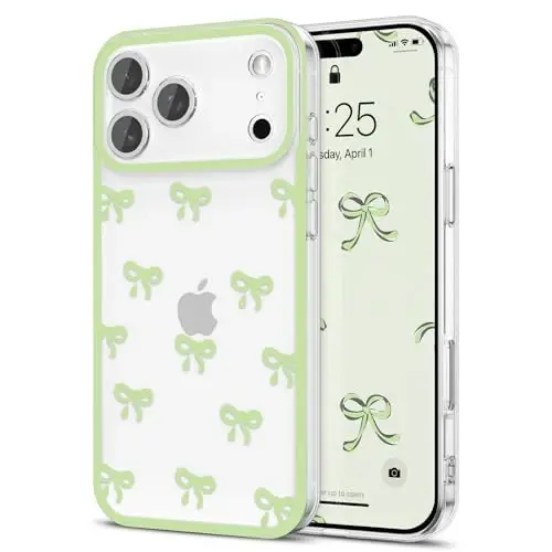 EYZUTAK iPhone 17 Pro Max uchun g‘ilof, tiniq chiroyli lenta kamon naqshli estetik shaffof telefon g‘ilofi ko‘tarilgan kamera himoyasi zamonaviy ingichka yumshoq bardoshli TPU himoya qopqog‘i ayollar qizlar uchun - yashil 