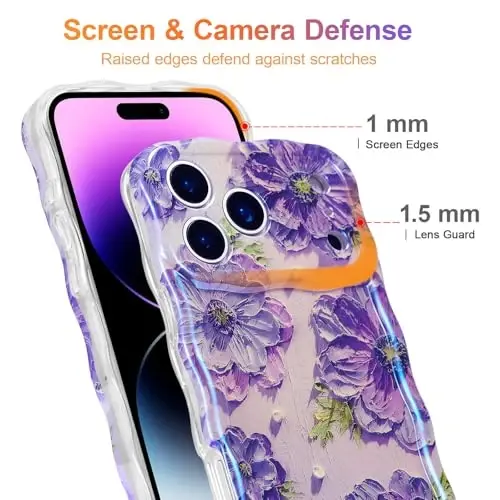 EYZUTAK iPhone 17 Pro uchun g'ilof, rangli retro moyli bo'yoqli bosma gul lazerli yaltiroq naqshli yoqimli jingalak to'lqinli qirrali nafis telefon qopqog'i zamonaviy bardoshli TPU himoya qutisi qizlar ayollar uchun - Binafsha - 4