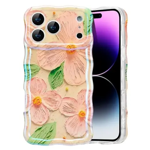 EYZUTAK iPhone 17 Pro uchun g‘ilof, Rangli retro moyli bo‘yoqli gul bargli lazerli yaltiroq naqshli yoqimli jingalak to‘lqinli qirrali nafis telefon qopqog‘i Ayollar uchun zamonaviy bardoshli TPU himoya g‘ilofi - Pushti Yashil - 1