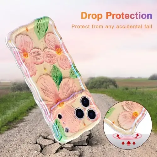 EYZUTAK iPhone 17 Pro uchun g‘ilof, Rangli retro moyli bo‘yoqli gul bargli lazerli yaltiroq naqshli yoqimli jingalak to‘lqinli qirrali nafis telefon qopqog‘i Ayollar uchun zamonaviy bardoshli TPU himoya g‘ilofi - Pushti Yashil - 3
