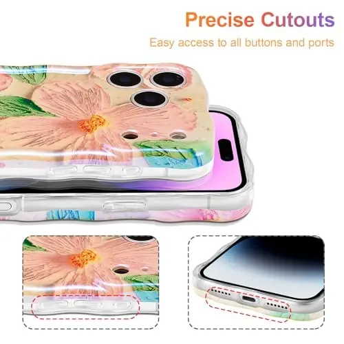 EYZUTAK iPhone 17 Pro uchun g‘ilof, Rangli retro moyli bo‘yoqli gul bargli lazerli yaltiroq naqshli yoqimli jingalak to‘lqinli qirrali nafis telefon qopqog‘i Ayollar uchun zamonaviy bardoshli TPU himoya g‘ilofi - Pushti Yashil - 5
