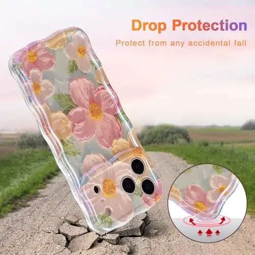 EYZUTAK iPhone 17 Pro uchun g‘ilof, Rangli Retro Moyli Bo‘yoqli Gul Lazer Yorqin Naqshli Chiroyli Jingalak To‘lqinli Qirrali Nozik Telefon Qopqog‘i Zamonaviy Bardoshli TPU Himoya G‘ilofi Qizlar Ayollar uchun-Yashil - 3