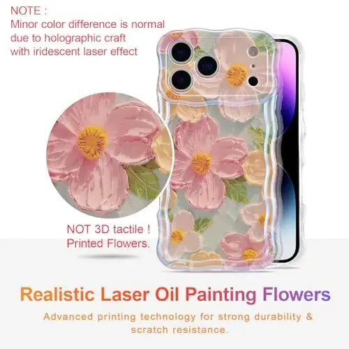 EYZUTAK iPhone 17 Pro uchun g‘ilof, Rangli Retro Moyli Bo‘yoqli Gul Lazer Yorqin Naqshli Chiroyli Jingalak To‘lqinli Qirrali Nozik Telefon Qopqog‘i Zamonaviy Bardoshli TPU Himoya G‘ilofi Qizlar Ayollar uchun-Yashil - 2