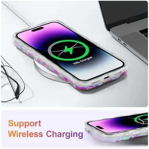 EYZUTAK iPhone 17 Pro uchun g'ilof, Rangli Retro Moyli Bo'yoqli Gul Lazerli Yaltiroq Naqshli Yoqimli Jingalak To'lqin Qirrasi Nozik Telefon Qopqog'i Zamonaviy Bardoshli TPU Himoya G'ilofi Qizlar uchun Ayollar-Bej - 6