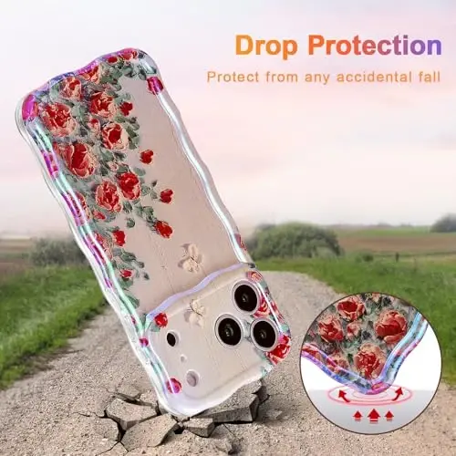 EYZUTAK iPhone 17 Pro uchun g'ilof, Rangli Retro Moyli Bo'yoqli Gul Lazerli Yaltiroq Naqshli Yoqimli Jingalak To'lqin Qirrasi Nozik Telefon Qopqog'i Zamonaviy Bardoshli TPU Himoya G'ilofi Qizlar uchun Ayollar-Bej - 3