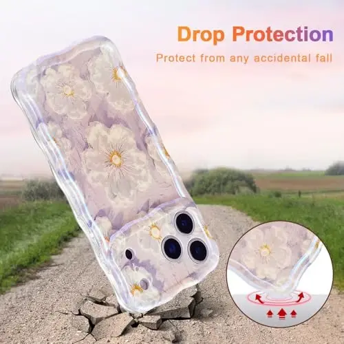 EYZUTAK iPhone 17 Pro uchun g'ilof, rangli retro moyli bo'yoqli gul lazerli yaltiroq naqshli yoqimli jingalak to'lqinli qirrali nafis telefon qopqog'i zamonaviy bardoshli TPU himoya g'ilofi qizlar ayollar uchun - och binafsha - 3