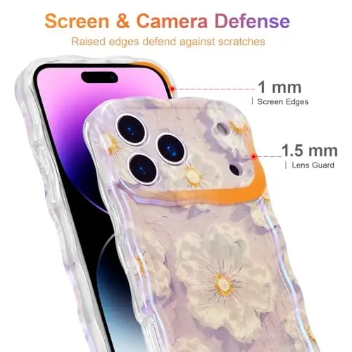 EYZUTAK iPhone 17 Pro uchun g'ilof, rangli retro moyli bo'yoqli gul lazerli yaltiroq naqshli yoqimli jingalak to'lqinli qirrali nafis telefon qopqog'i zamonaviy bardoshli TPU himoya g'ilofi qizlar ayollar uchun - och binafsha - 4