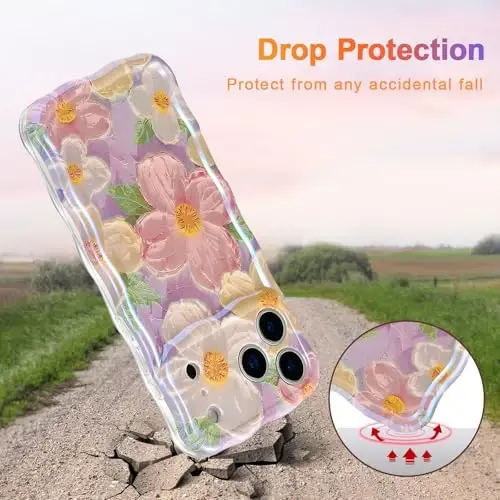 EYZUTAK iPhone 17 Pro uchun g'ilof, Rangli Retro Yog'li Bo'yoqli Bosma Gul Lazer Yorqin Naqshli Chiroyli Jingalak To'lqin Qirrali Nozik Telefon Qopqog'i Zamonaviy Bardoshli TPU Himoya G'ilofi Qizlar Ayollar uchun-Pushti - 3