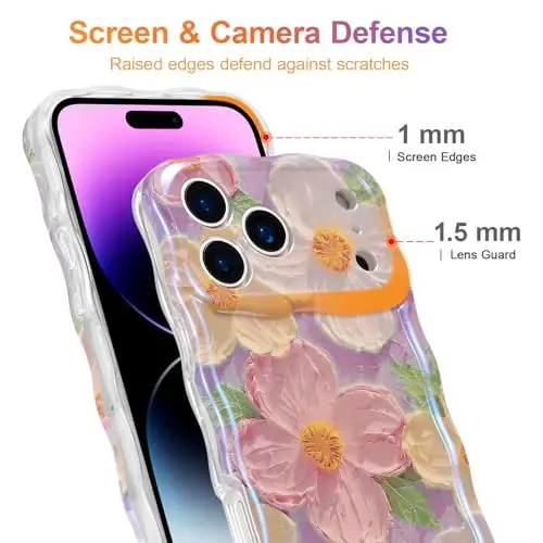 EYZUTAK iPhone 17 Pro uchun g'ilof, Rangli Retro Yog'li Bo'yoqli Bosma Gul Lazer Yorqin Naqshli Chiroyli Jingalak To'lqin Qirrali Nozik Telefon Qopqog'i Zamonaviy Bardoshli TPU Himoya G'ilofi Qizlar Ayollar uchun-Pushti - 4