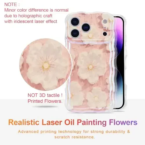 EYZUTAK iPhone 17 Pro uchun g'ilof, Rangli Retro Yog'li Bo'yoqli Gul Lazer Yorqin Naqshli Chiroyli Jingalak To'lqinli Chekka Nafis Telefon Qopqog'i Zamonaviy Bardoshli TPU Himoya G'ilofi Qizlar Ayollar uchun - Och Pushti - EYZUTAK (1)