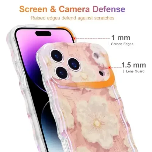 EYZUTAK iPhone 17 Pro uchun g'ilof, Rangli Retro Yog'li Bo'yoqli Gul Lazer Yorqin Naqshli Chiroyli Jingalak To'lqinli Chekka Nafis Telefon Qopqog'i Zamonaviy Bardoshli TPU Himoya G'ilofi Qizlar Ayollar uchun - Och Pushti - 4