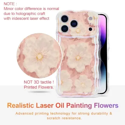 EYZUTAK iPhone 17 Pro uchun g'ilof, Rangli Retro Yog'li Bo'yoqli Gul Lazer Yorqin Naqshli Chiroyli Jingalak To'lqinli Chekka Nafis Telefon Qopqog'i Zamonaviy Bardoshli TPU Himoya G'ilofi Qizlar Ayollar uchun - Och Pushti - EYZUTAK (1)