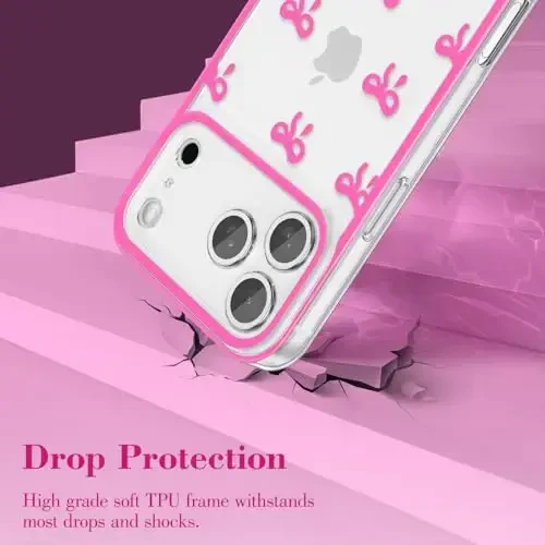 EYZUTAK iPhone 17 Pro uchun g‘ilof, shaffof chiroyli lenta bantli naqshli estetik telefon g‘ilofi ko‘tarilgan kamera himoyasi zamonaviy ingichka yumshoq bardoshli TPU himoya qopqog‘i ayollar qizlar uchun - och qizil - 3