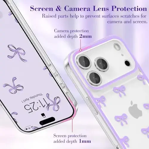 EYZUTAK iPhone 17 Pro uchun g'ilof, shaffof chiroyli lenta kamon naqshli estetik shaffof telefon g'ilofi ko'tarilgan kamera himoyasi zamonaviy ingichka yumshoq bardoshli TPU himoya qopqog'i ayollar qizlar uchun - Binafsha - 11