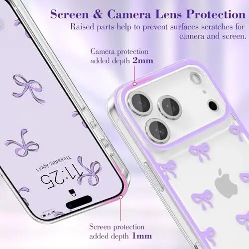 EYZUTAK iPhone 17 Pro uchun g'ilof, shaffof chiroyli lenta kamon naqshli estetik shaffof telefon g'ilofi ko'tarilgan kamera himoyasi zamonaviy ingichka yumshoq bardoshli TPU himoya qopqog'i ayollar qizlar uchun - Binafsha - EYZUTAK (1)