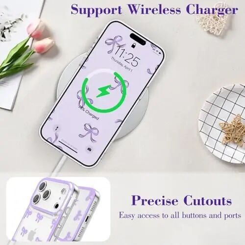 EYZUTAK iPhone 17 Pro uchun g'ilof, shaffof chiroyli lenta kamon naqshli estetik shaffof telefon g'ilofi ko'tarilgan kamera himoyasi zamonaviy ingichka yumshoq bardoshli TPU himoya qopqog'i ayollar qizlar uchun - Binafsha - 5