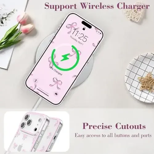 EYZUTAK iPhone 17 Pro uchun g'ilof, shaffof chiroyli lenta kamon naqshli estetik shaffof telefon g'ilofi ko'tarilgan kamera himoyasi zamonaviy ingichka yumshoq bardoshli TPU himoya qopqog'i ayollar qizlar uchun - Pushti - 5