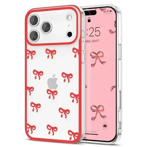 EYZUTAK iPhone 17 Pro uchun g'ilof, Shaffof chiroyli lenta kamon naqshli estetik shaffof telefon g'ilofi Ko'tarilgan kamera himoyasi Zamonaviy ingichka yumshoq bardoshli TPU himoya qopqog'i ayollar qizlar uchun - Qizil 