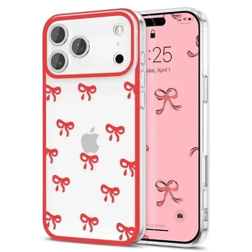 EYZUTAK iPhone 17 Pro uchun g'ilof, Shaffof chiroyli lenta kamon naqshli estetik shaffof telefon g'ilofi Ko'tarilgan kamera himoyasi Zamonaviy ingichka yumshoq bardoshli TPU himoya qopqog'i ayollar qizlar uchun - Qizil - 1