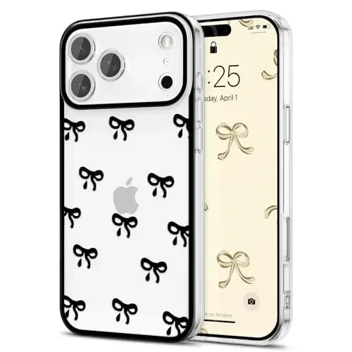 EYZUTAK iPhone 17 Pro uchun g‘ilof, shaffof chiroyli lenta kamon naqshli estetik shaffof telefon g‘ilofi, ko‘tarilgan kamera himoyasi zamonaviy ingichka yumshoq bardoshli TPU himoya qopqog‘i ayollar qizlar uchun - Qora - EYZUTAK