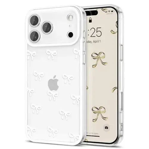 EYZUTAK iPhone 17 Pro uchun g'ilof, Shaffof chiroyli lenta kamon naqshli estetik shaffof telefon g'ilofi, Ko'tarilgan kamera himoyasi, Zamonaviy nozik yumshoq bardoshli TPU himoya qopqog'i ayollar uchun - Oq - 1